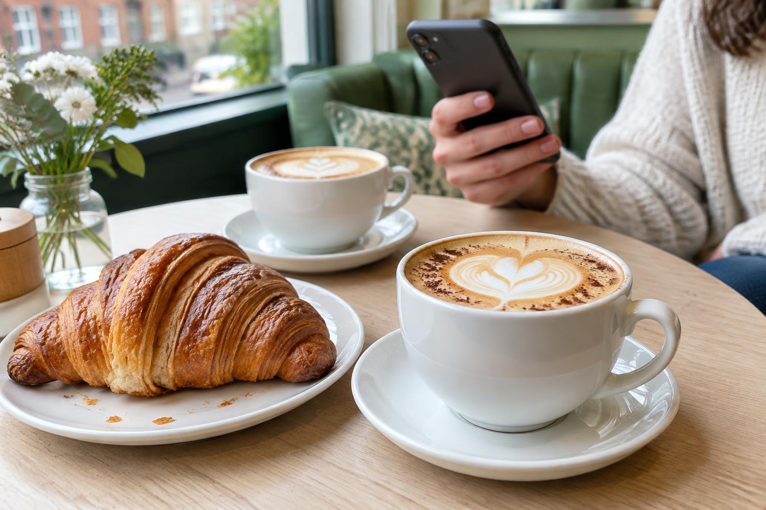 Zwei Cappuccinos und ein Croissant auf einem Cafétisch; im Hintergrund ein Smartphone.