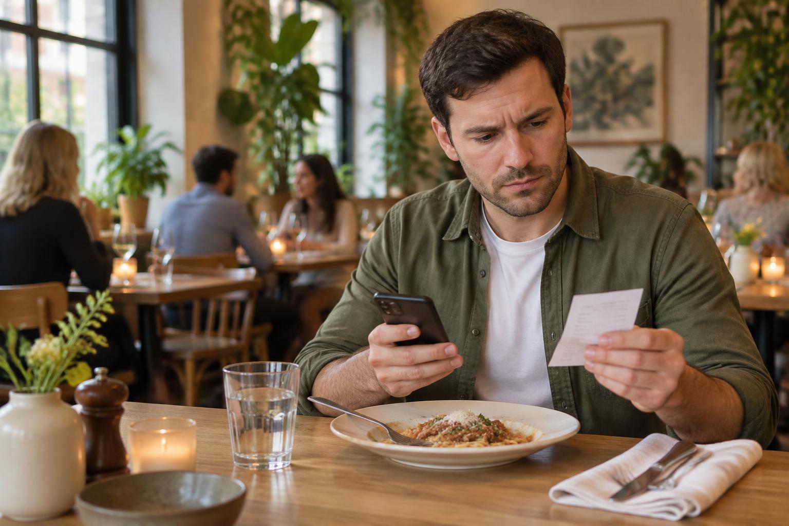 Ein Mann schaut besorgt auf seine Restaurantrechnung und hält sein Smartphone in der Hand.